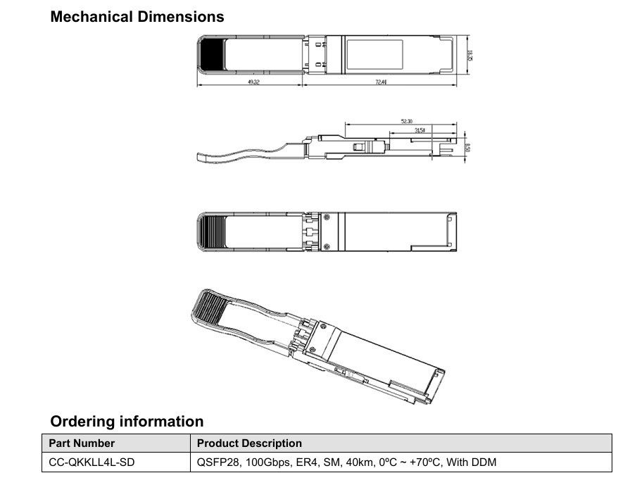 Single 3.3V Power Source 100GBase QSFP28 ER4 40KM Glasvezel Apparatuur Duplex LC Optical Transceiver Module voor uw vereisten